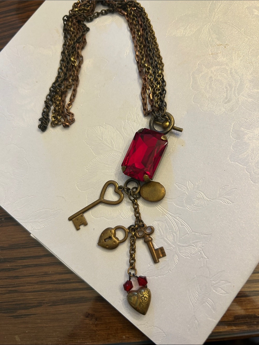 Vintage-Inspired Red Crystal Key Charm Necklace - Unbranded
